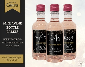 Mini Wine Bottle Labels, personalized wine bottle stickers for birthday party favors, editable template for Canva, instant download