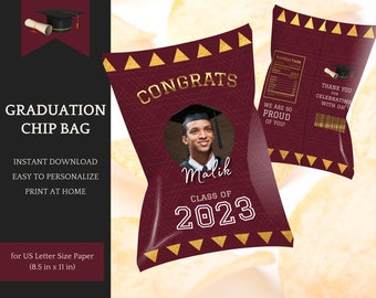 Chip Bag Template - editable, Graduation Party, Class of 2026 in burgundy & gold - Instant Download Printable, easy Personalization in Canva