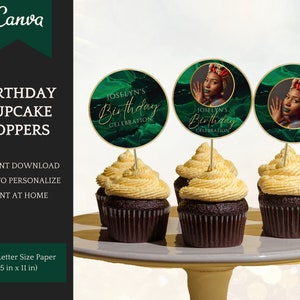 Emerald Gold Cupcake Toppers, also use as Round Stickers for Favor Bags, Elegant Birthday Decorations, 3in circles - INSTANT DOWNLOAD