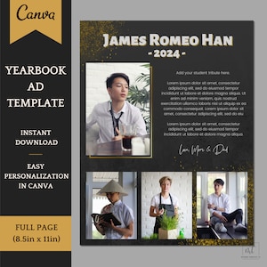 Senior Yearbook Ad Template for boys and girls with golden details - Editable Full Page Template with 4 Pics - Personalize in Canva