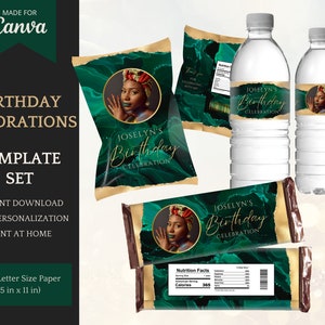 May include: Printable birthday party decorations featuring a green and gold marble design with a black woman's face in a circle. The text "Joslyn's Birthday Celebration" is on the labels. The labels are for water bottles, candy bars, and chip bags.