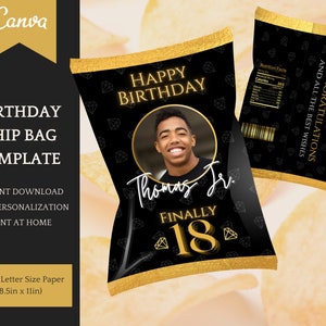 Chip Bag Template for Birthday in black and gold - Printable Party Favors - easy personalisation/editable in Canva, Instant Download