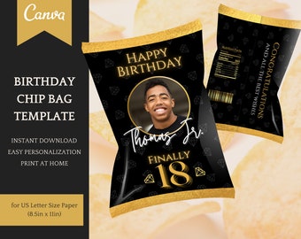 Chip Bag Template for Birthday in black and gold - Printable Party Favors - easy personalisation/editable in Canva, Instant Download