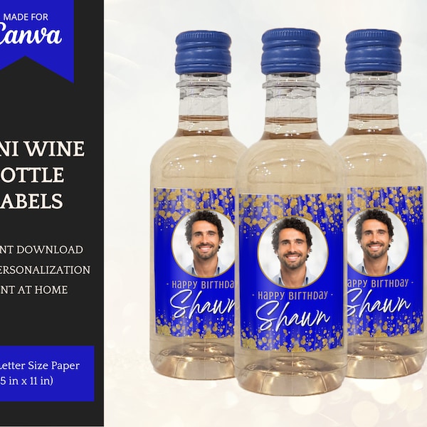 Mini Wine Bottle Labels, royal blue, personalized wine bottle stickers for birthday party favors, editable Canva template, instant download
