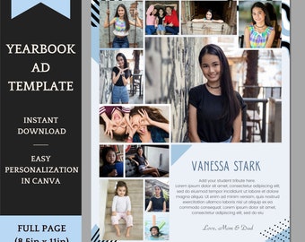 Senior Yearbook Ad Template for boys and girls - Editable Full Page Template with 12 Pic Gallery Collage - Easy personalization in Canva