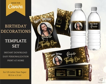 Birthday Decorations for her in Gold - Printable Template Set with Chip Bag Template, Candy Bars and Water Bottle Labels - INSTANT DOWNLOAD