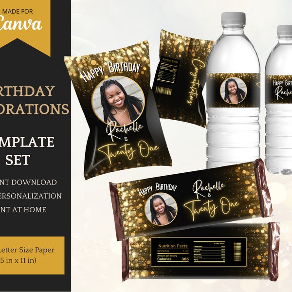 Birthday Decorations for her in Gold - Printable Template Set with Chip Bag Template, Candy Bars and Water Bottle Labels - INSTANT DOWNLOAD