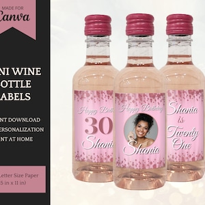 Mini Wine Bottle Labels Rose Gold / pink, editable birthday decorations for her, blush party favors, personalize in Canva, instant download