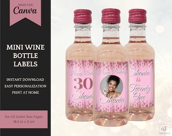 Mini Wine Bottle Labels Rose Gold / pink, editable birthday decorations for her, blush party favors, personalize in Canva, instant download