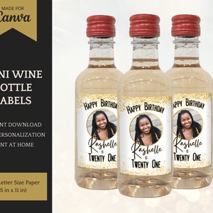 Mini Wine Bottle Labels, personalized wine bottle stickers for birthday party favors, editable template for Canva, instant download