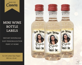 Mini Wine Bottle Labels, personalized wine bottle stickers for birthday party favors, editable template for Canva, instant download