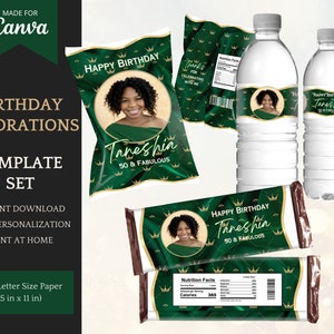 Elegant Green/Gold Birthday Decorations for him/her, Chip Bag Template, Water Bottle Labels & Candy Wrappers - Instant Download for Canva