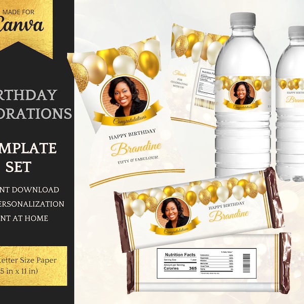 Birthday Decorations for him/her in Gold - Printable Template Set: Chip Bag Template, Candy Bars and Water Bottle Labels - INSTANT DOWNLOAD