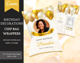 Birthday Chip Bag Template, elegant customizable Party decoration, easy personalisation in Canva - Instant Download Printable Party Favors