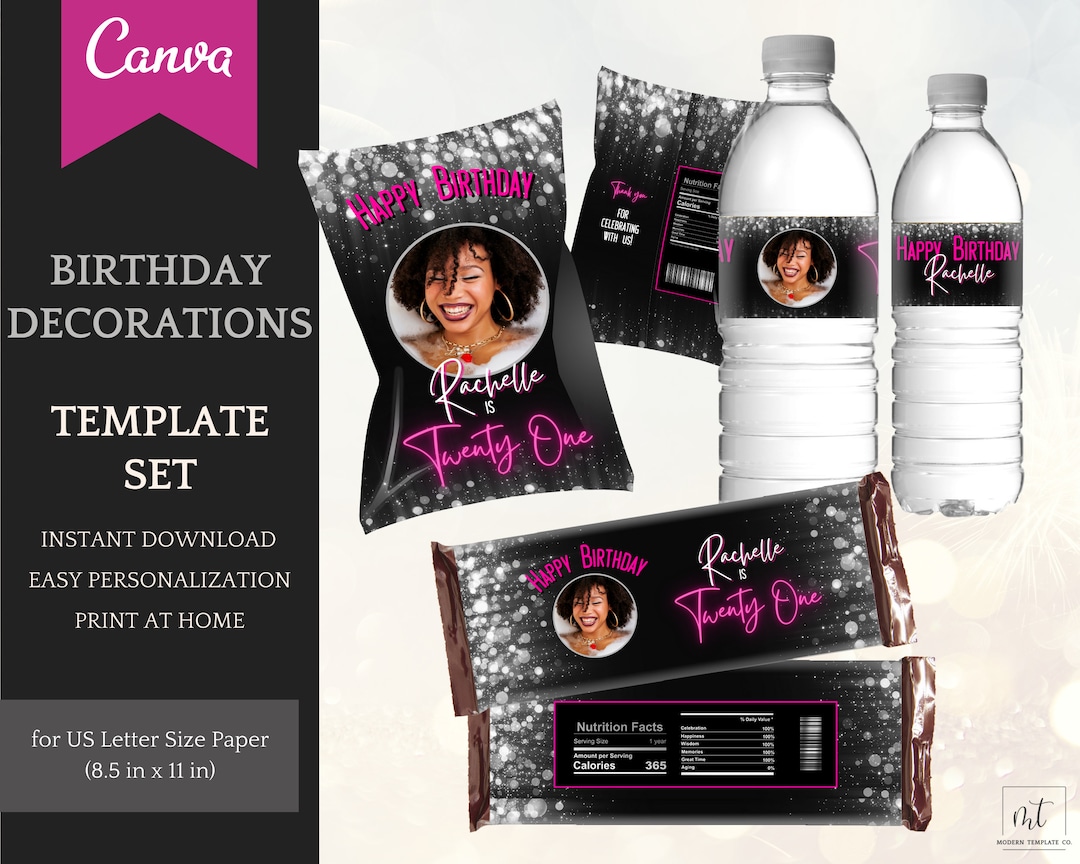 Pink Silver Birthday Decorations for Her - Printable Template Set W ...