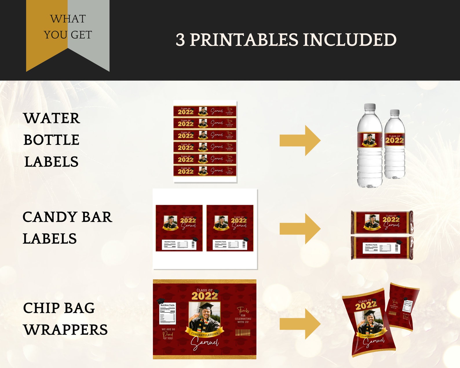 Red Gold/silver Graduation Decorations Chip Bag Template Etsy