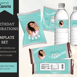 Birthday Decorations for her in light teal - elegant Template Set with Chip Bag Template, Candy Bars, Water Bottle Labels - INSTANT DOWNLOAD