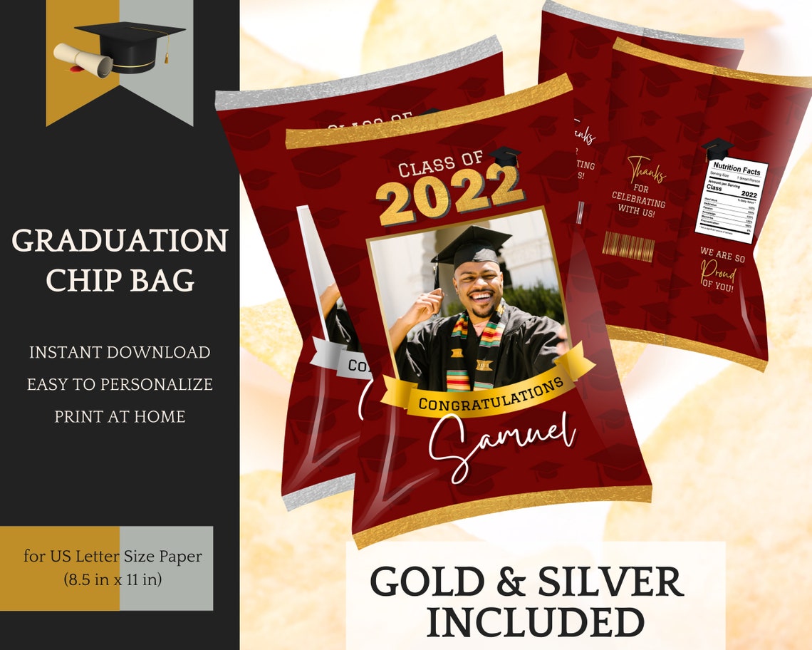Red Gold/silver Graduation Decorations Chip Bag Template Etsy