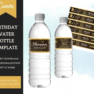 Water Bottle Label Template - Birthday Celebration in black and gold - easy Personalisation in Canva, Instant Download Printable