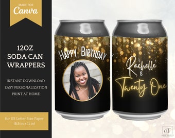 Soda Can Template / Beer Can Wrap: elegant gold glitter Labels for 12oz drink, print at home - edit/personalize in Canva - INSTANT DOWNLOAD