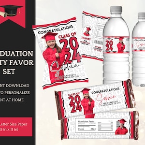 Kit de remise des diplômes préscolaire/maternelle rouge pour enfants avec sac à croustilles, bonbons, modèles d'étiquettes d'eau, promotion 2025, téléchargement immédiat pour Canva