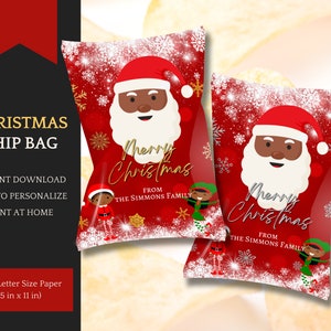 May include: Red Christmas chip bag design featuring Santa Claus with a white beard and a red hat. The bag has the text "Merry Christmas" and "From The Simmons Family". The design includes snowflakes and an elf.