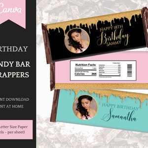 Gold Dripping Candy Bar Template, Birthday Decorations for her, editable Instant Download Printable Party Favors, personalize in Canva