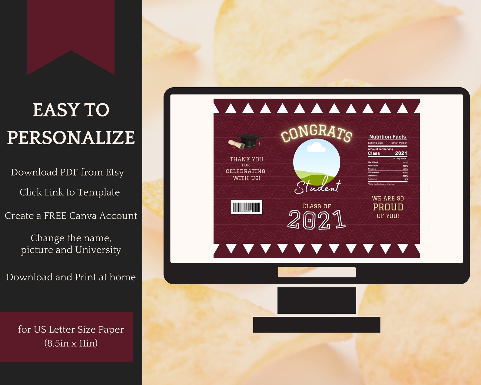 Chip Bag Template editable Graduation Party Class of 2021 Etsy