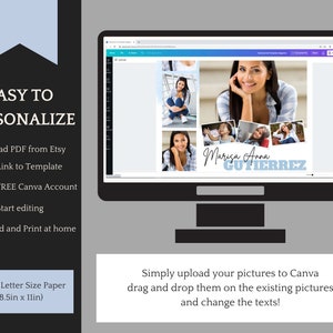 Puede incluir: Una pantalla de ordenador que muestra una plantilla de Canva para un collage de fotos. La plantilla incluye un collage de fotos y el texto "Marisa Anna GUTIERREZ". El texto "F&aacute;cil de personalizar" se muestra en el lado izquierdo de la imagen.