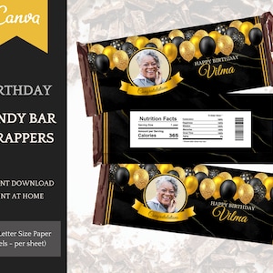 Candy Bar Template Black/Gold, Birthday Decorations for her/him, editable Instant Download Printable Party Favors, Personalisation in Canva