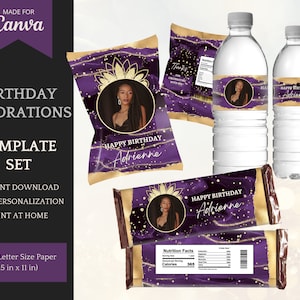 Birthday Decorations for her in Purple, elegant Template Set with Chip Bag Template, Candy Bars & Water Bottle Labels - INSTANT DOWNLOAD