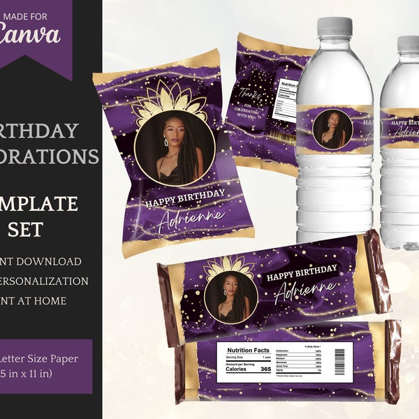 Birthday Decorations for her in Purple, elegant Template Set with Chip Bag Template, Candy Bars & Water Bottle Labels - INSTANT DOWNLOAD