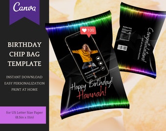 Chip Bag Template - Birthday Decoration, Sweet 16, Influencer theme - easy personalisation/editable in Canva, Instant Download Printable