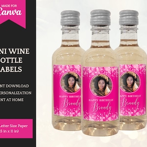 Mini Weinflaschenetiketten - pink, bearbeitbare Geburtstagsdekorationen für sie, erröten Gastgeschenke, personalisieren in Canva, sofortiger Download