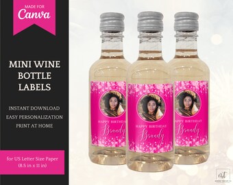 Mini Wine Bottle Labels - hot pink, editable birthday decorations for her, blush party favors, personalize in Canva, instant download