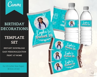 Teal Sweet 16 Birthday Decorations for her - Printable Template Set w. Chip Bag, Candy Bars and Water Bottle Labels - INSTANT DOWNLOAD