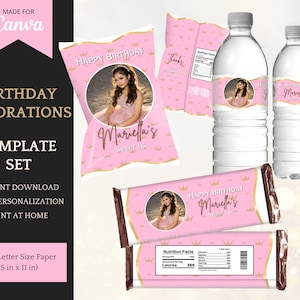 Elegant Blush Pink/Gold Birthday Decorations for her, Chip Bag Template, Water Bottle Labels & Candy Wrappers - Instant Download for Canva
