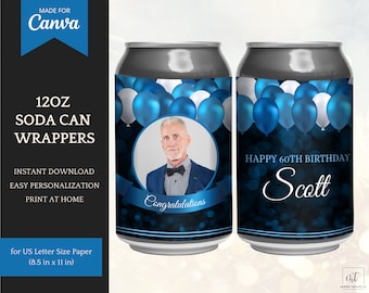 Soda Can Template / Beer Can Wrap: Balloon Themed Labels for 12oz drink cans, print at home - edit/personalize in Canva - INSTANT DOWNLOAD