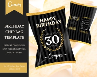 Birthday Chip Bag Template, elegant customizable Party decoration, easy personalisation in Canva - Instant Download Printable Party Favors