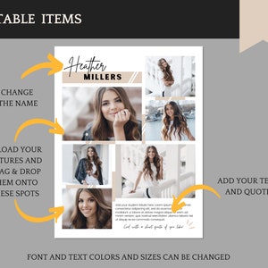 May include: A collage template for a graduation announcement with a beige and brown color scheme. The template features four photo placeholders and space for text. The text "Heather Millers" is at the top of the template. The text "Add your text and quote" is at the bottom of the template.