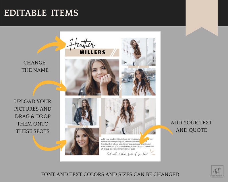 May include: A collage template for a graduation announcement with a beige and brown color scheme. The template features four photo placeholders and space for text. The text "Heather Millers" is at the top of the template. The text "Add your text and quote" is at the bottom of the template.