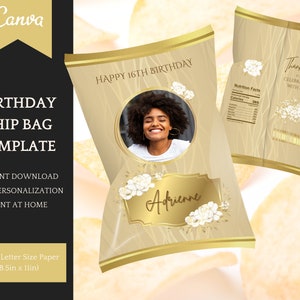 Birthday Chip Bag Template, Gold Birthday Decoration for her, elegant customizable Party Decoration, Instant Download Printable Party Favors