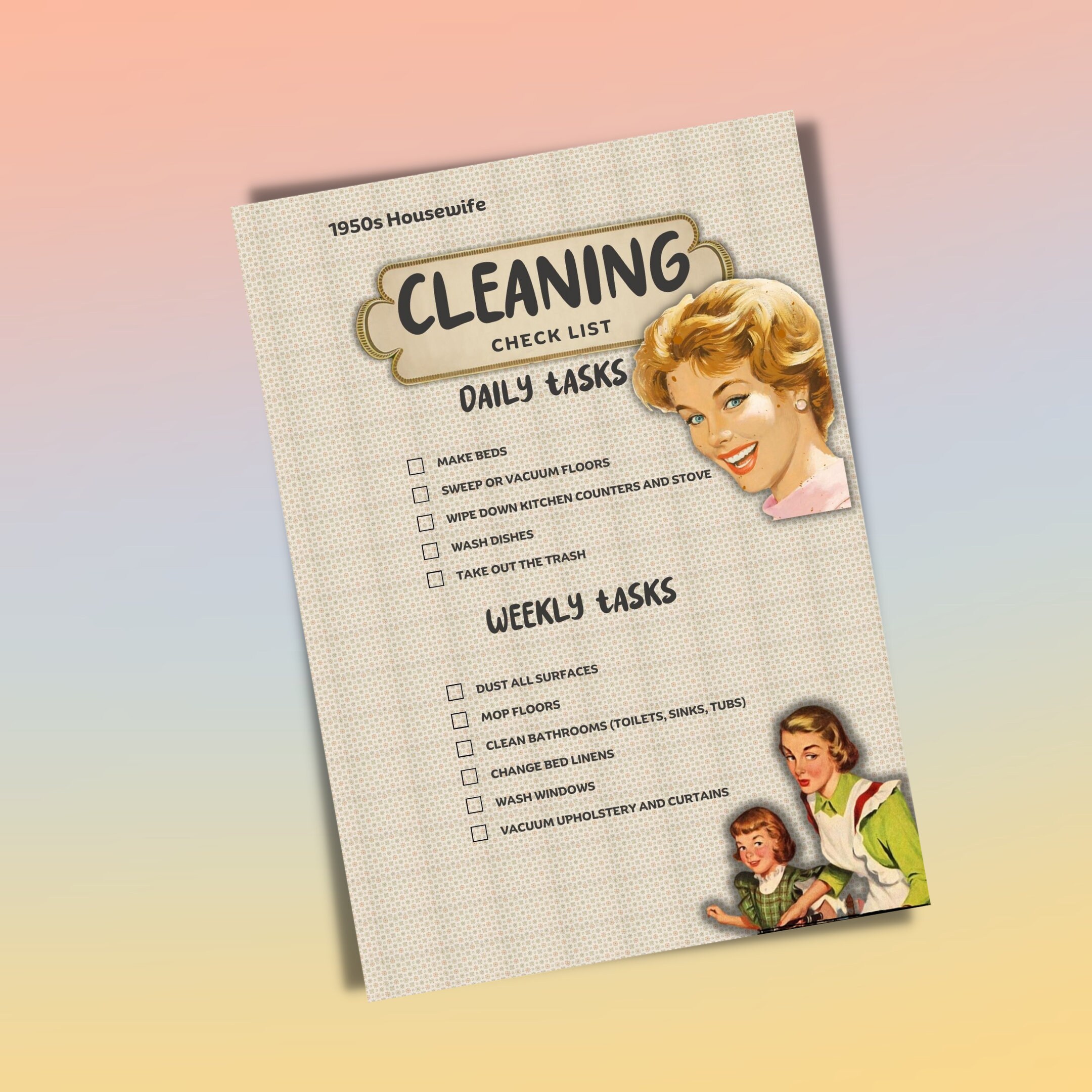 1950s Housewife Cleaning Schedule Mid Century Modern Cleaning Checklist ...