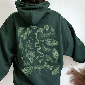 Mushrooms Frogs Insects Illustration Hoodie | Dark Academia Aesthetic Pullover | Vintage Mushroom Frog and Fungi | Goblincore Sweatshirt