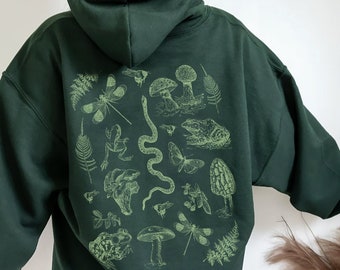 Mushrooms Frogs Insects Illustration Hoodie | Dark Academia Aesthetic Pullover | Vintage Mushroom Frog and Fungi | Goblincore Sweatshirt