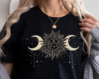 Camiseta de algodão com sol e lua | Camiseta boho de astrologia celestial