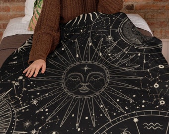 Sherpa Soft Fleece Blanket | Witchy Celestial Quilt | Witch Moon & Stars Zodiac Horoscope | Black and Gold Constellation Gothic Bedding Gift