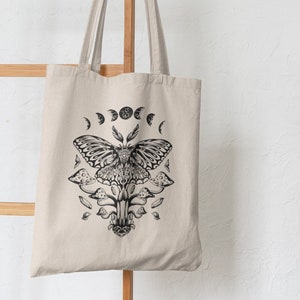 Moth Canvas Tote Bag | 100% Cotton | Witchy Luna Moth | Lunar Moon Cycles Mushroom Tote | Cottagecore Bag