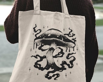 Gothic Mushroom Cotton Tote Bag | Witchy Screenprint Shopping Bag
