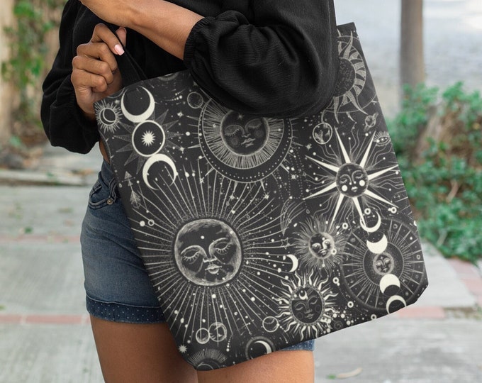 Black Tote Bag | Constellation Tote Bag | Astrology Zodiac Star Sign Shoulder Bag | Celestial Bag | Stars Sun Moon Tote Bag | Horoscope Gift